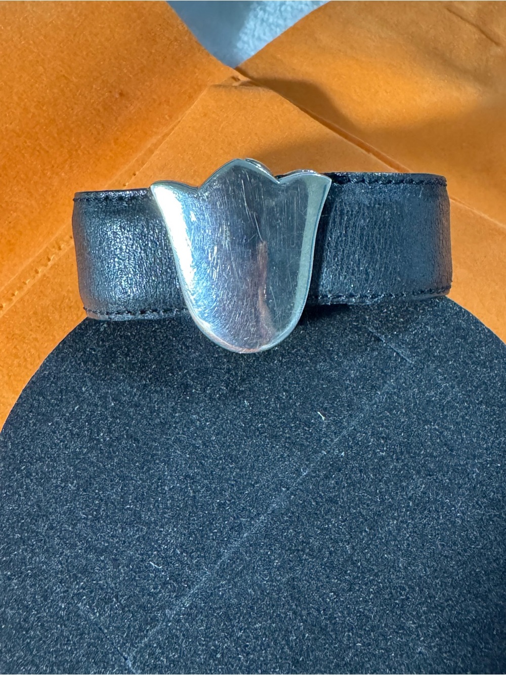 Tous Black Leather Bracelet with Silver Tulip Motif